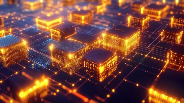An abstract visualization of a decentralized blockchain network with glowing nodes connected by bright lines. The background features a digital grid, symbolizing data flow, security, and transparency 