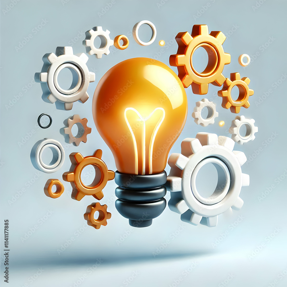 Poster 3d floating lightbulb and cogwheel icon concept as a lightbulb icon paired with a cogwheel both floa