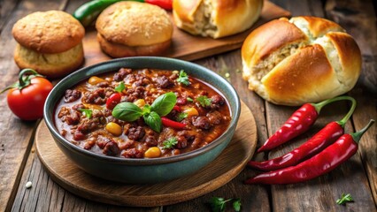 Spicy chili con carne with freshly baked dinner rolls , food, hot, chili, spicy, delicious, comfort, meal, dinner, rolls, bread, homemade