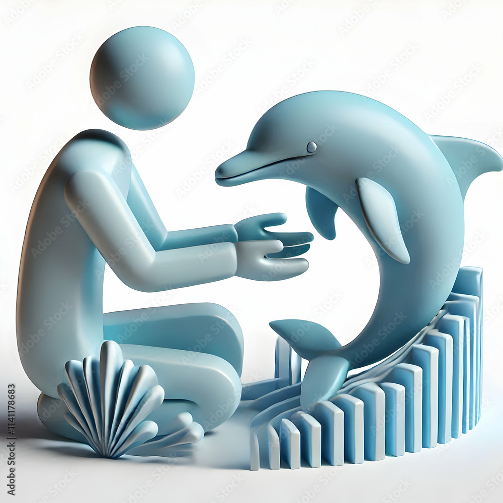 Poster 3d abstract of person and dolphin touching hands with soft blues concept as an abstract image depict