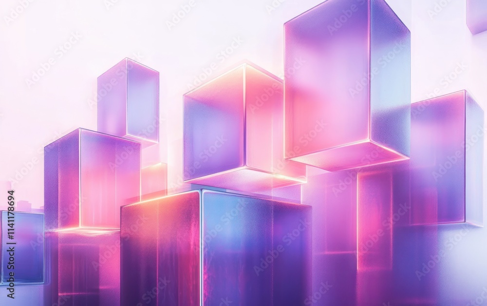 Poster 3d geometric abstraction with translucent cubes and rectangles in pastel neon lights