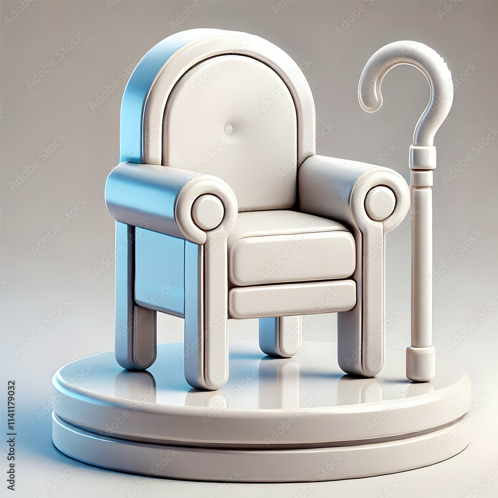 Poster 3d glossy surface with an empty chair and a cane resting on the armrest concept as a glossy surface 