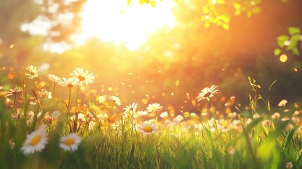 Obraz premium Bright Sunlight Over Meadow Filled with Colorful Daisies and Grass