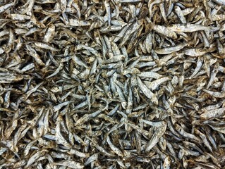 Pile of dried fish in supermarket 