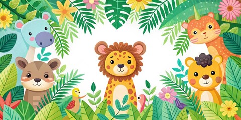 Naklejka premium Colorful of cute animal characters (lion, bear, giraffe) surrounded by vibrant foliage and playful designs, cute, animal
