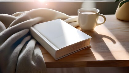 Illustrate a hardcover book mockup with a dust jacket design, displayed in a cozy setting