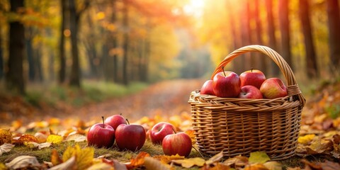 Autumnal scene of a red apples basket in a forest setting, autumn, mood, fall, red, apples, basket, forest, trees, nature