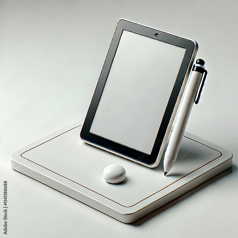 Poster 3d plain background with a glossy tablet and stylus on a desk copy space on sides. concept as a stat