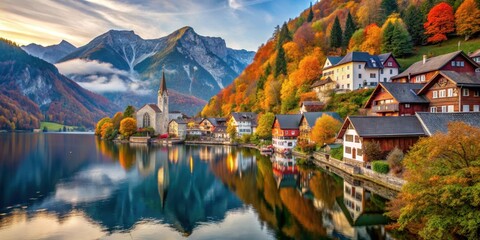 Fototapeta premium Autumn landscape in Hallstatt village, Austrian Alps, Hallstatt, village, Austrian Alps, autumn, landscape, picturesque