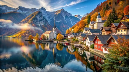 Fototapeta premium Beautiful autumn landscape in the famous Hallstatt village in the Alps mountains, Austria , Hallstatt, village, Alps, mountains