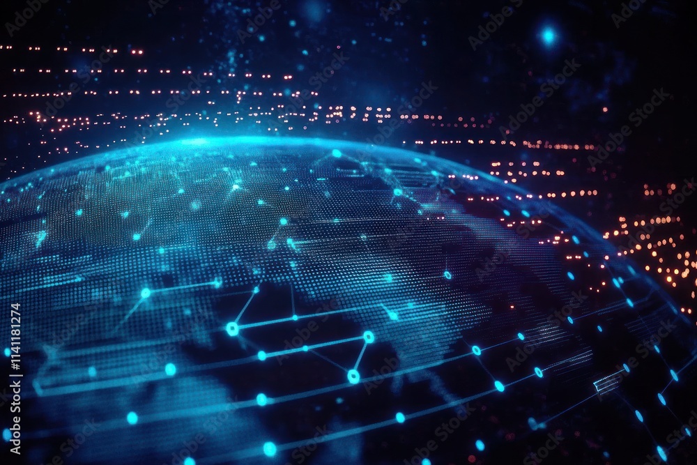 Poster futuristic digital globe with hexagonal patterns and neon blue lights in deep space background