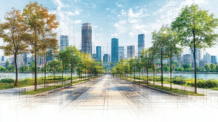 Abstract modern perspective background of a virtual city, blending digital elements and geometric shapes to create a futuristic, urban landscape ideal for digital design projects.