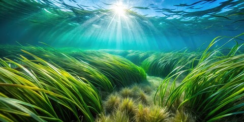Eelgrass seagrass swaying underwater in the Atlantic ocean off the coast of Galicia, Spain