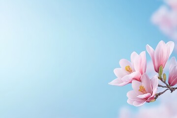 Fototapeta premium A pink flower with a stem is on a blue background