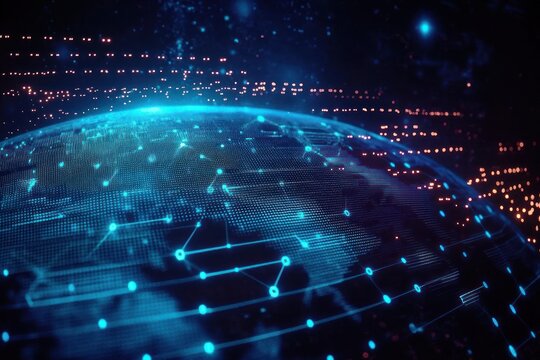 Futuristic Digital Globe with Hexagonal Patterns and Neon Blue Lights in Deep Space Background