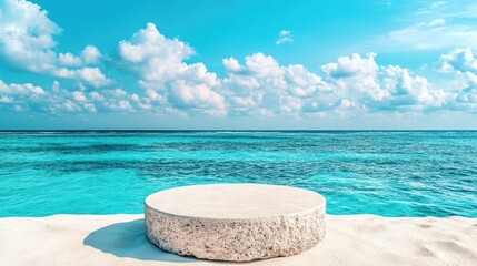 Obraz premium Serene Coastal View with Round Stone Platform Against Blue Ocean