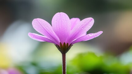 Fototapeta premium Delicate Pink Flower with Dew Drops Spring Bloom Macro Photography