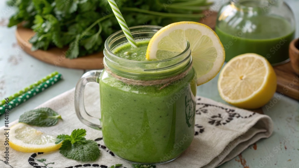 Poster an enticing array of a green smoothie in a rustic mason jar embellished with a slice of lemon perche