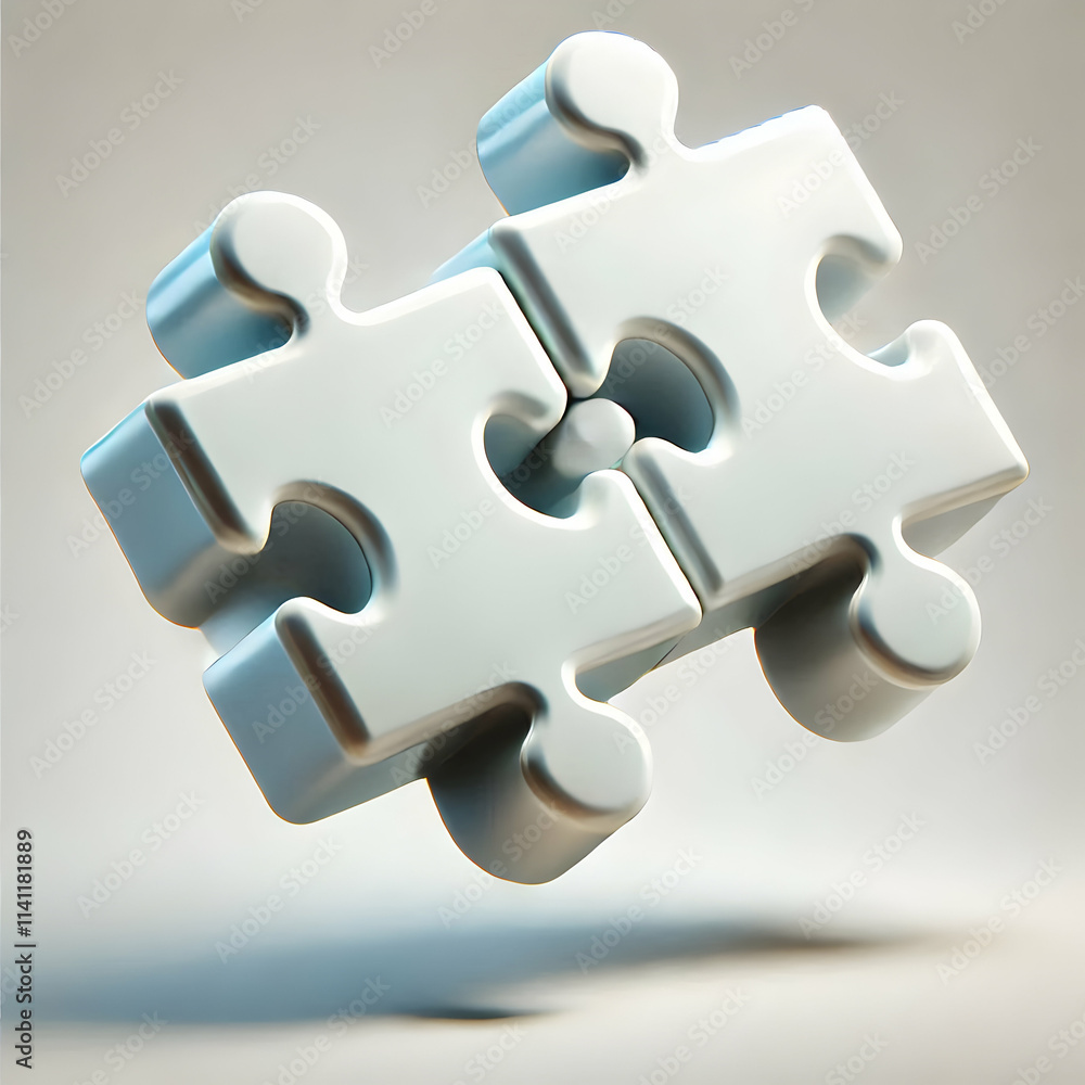 Poster 3d two interlocked puzzle pieces floating isolated on white background concept as a vector image of 