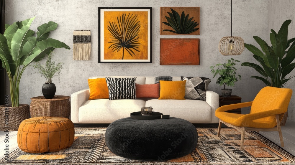 Wall mural Contemporary Living Room with Boho Decor and Earthy Tones. Stylish and cozy living room featuring bohemian-inspired decor with plants, textured fabrics, and warm earthy tones.