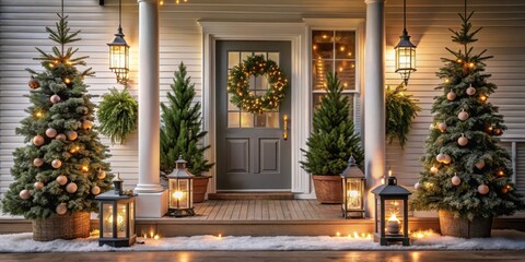 Christmas decorated porch with little trees and lanterns, Christmas, porch, decorations, holiday, festive, winter, home