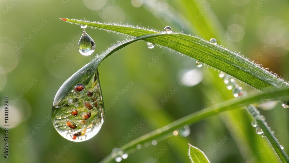 Poster tiny mites are reflected in a large dew drop hanging from a blade of grass covered in smaller drople