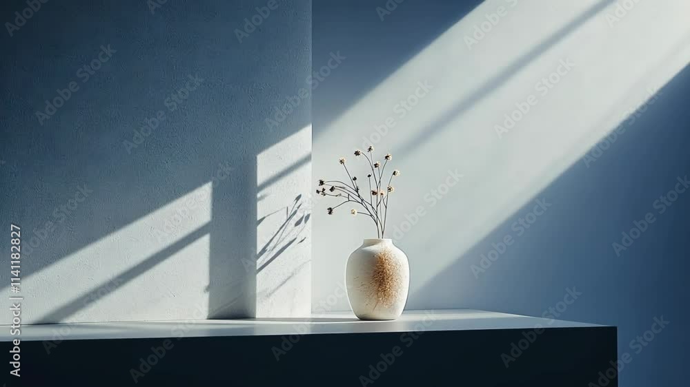 Poster sunlight illuminates a minimalistic vase with dried flowers on a table in a serene setting