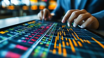 Fototapeta premium Asian businessman analyzing stock market trends on a digital tablet, focused on financial data and charts, representing a fund manager's role in market analysis and investment decisions.