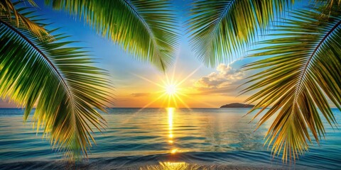Sun shining over tranquil sea seen through vibrant palm leaves, sun, sea, palm leaves, nature, tropical, beach, paradise