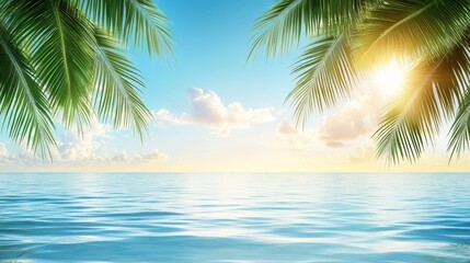 Fototapeta premium Calm Tropical Seascape with Sunlight and Lush Palm Foliage