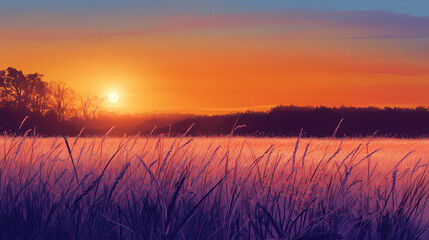 Fototapeta premium Sunrise over the field. Dawn. Illustration
