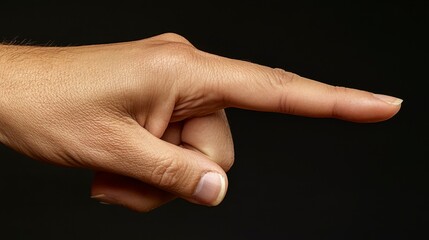 Businessman pointing his finger at a blank space on a dark background, symbolizing leadership and the ability to direct attention in a professional setting.