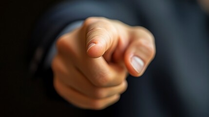 Fototapeta premium Businessman pointing his finger at a dark background, with a blank area for text, representing focus, clarity, and the power of non-verbal communication in business.