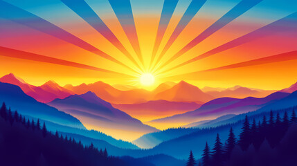 Obraz premium Vibrant sunrise over mountain landscape with rays illuminating the sky at dawn. Dawn. Illustration