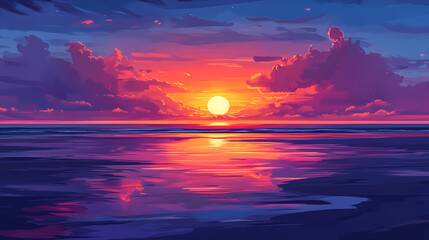 Fototapeta premium Vibrant sunrise over the ocean with a colorful sky reflecting on the calm water, scenic, dawn. Dawn. Illustration
