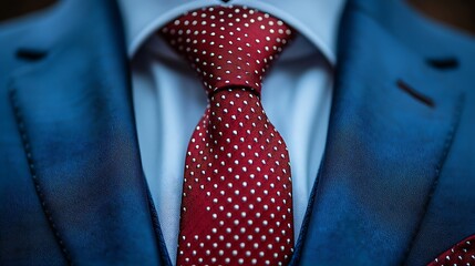 classic ensemble, where a bold red polka dot tie adds a touch of personality to a tailored suit