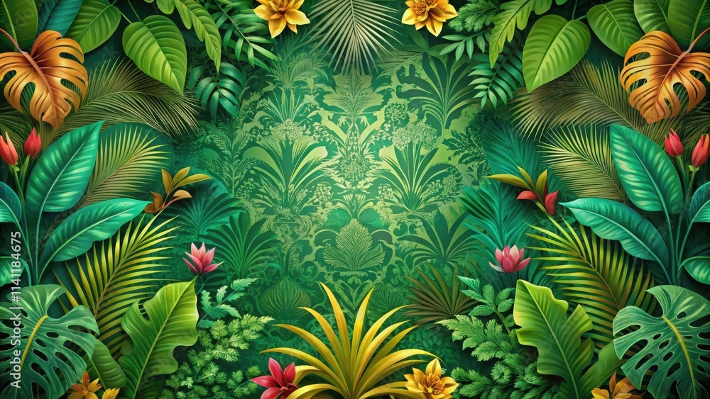 Wall mural Colorful palm tree leaves background with a jungle-style green pattern and floral wallpaper, tropical, exotic, vibrant