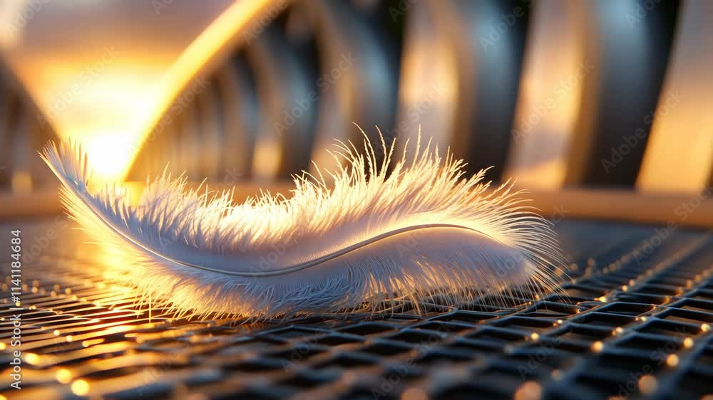 Poster soft feather resting on a metallic surface during sunset with warm light illuminating its delicate s