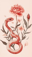 Obraz premium Coral Snake Among Delicate Peach Peonies and Buds