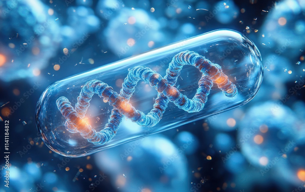 Poster 3d rendering of futuristic dna capsule with abstract cells