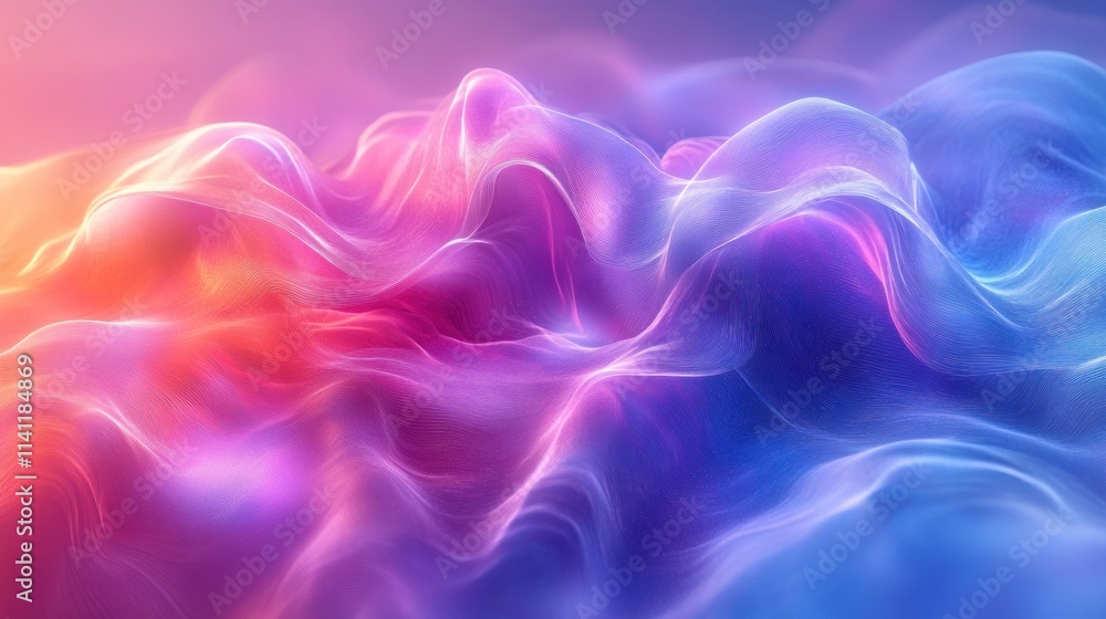 Poster fluid abstract composition of wavy forms in blue and purple gradient with soft lighting