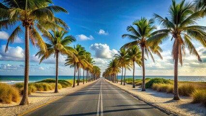 Road leading to a sandy beach, lined with palm trees and blue skies , beach, road, palm trees, sand, tropical, paradise