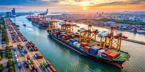 Top view of a bustling port with cargo ship and containers, shipping, dock, import, export, cargo, port, vessel