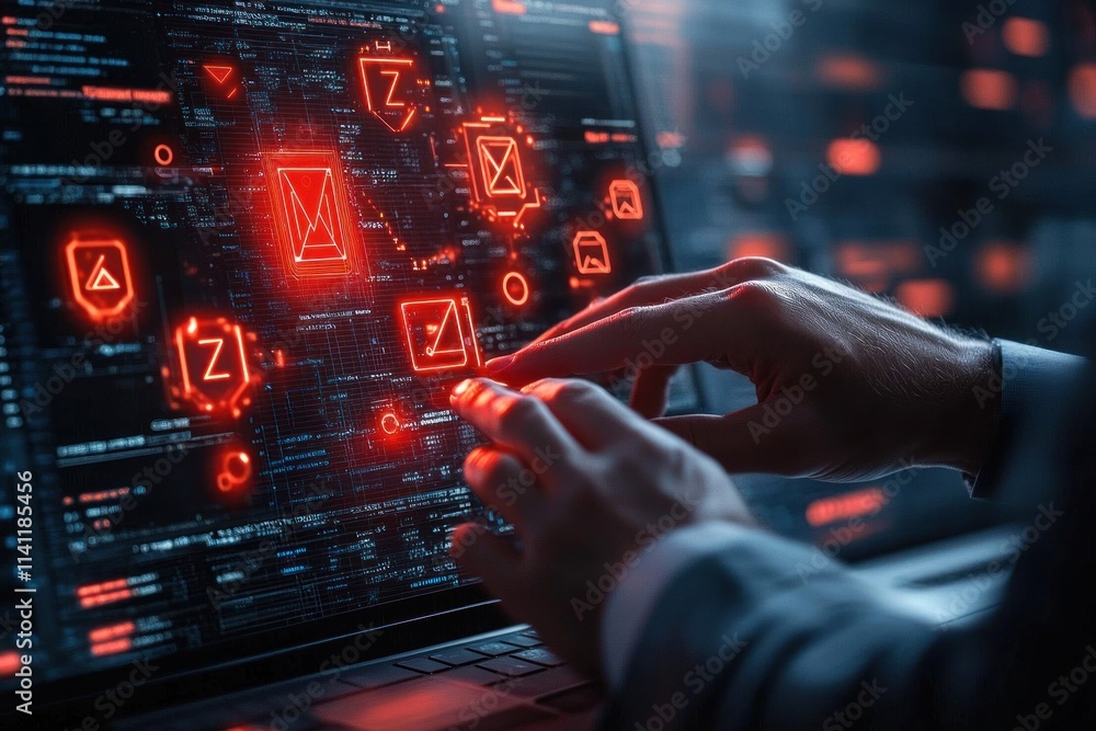 Poster ransomware attack data breach security warning malware cyber threat interface urgency technology bus