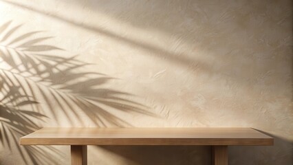 Empty table with leaf shadows on beige wall background, empty, table, beige, textured wall, background, leaf shadows