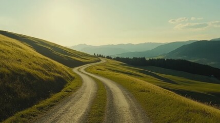 Serene Winding Road Through Lush Green Hills at Golden Hour Light