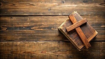 Wooden cross resting on two old books on a rustic wooden surface, faith, religion, spirituality, Christianity, cross, vintage
