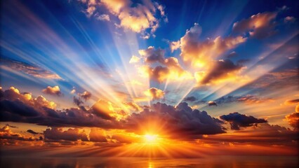 Obraz premium of a sunset/sunrise with clouds, light rays, and atmospheric effects, sunset, sunrise, clouds, light rays, atmospheric effects