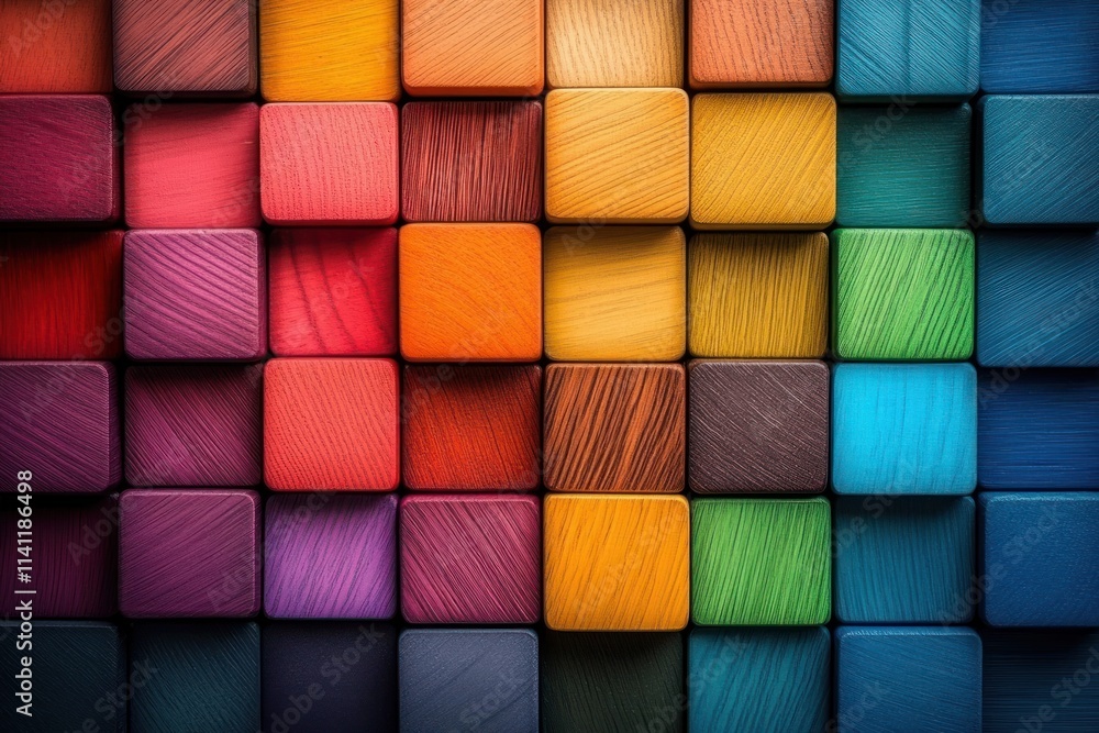 Poster vibrant abstract arrangement of colorful wooden blocks in gradient pattern