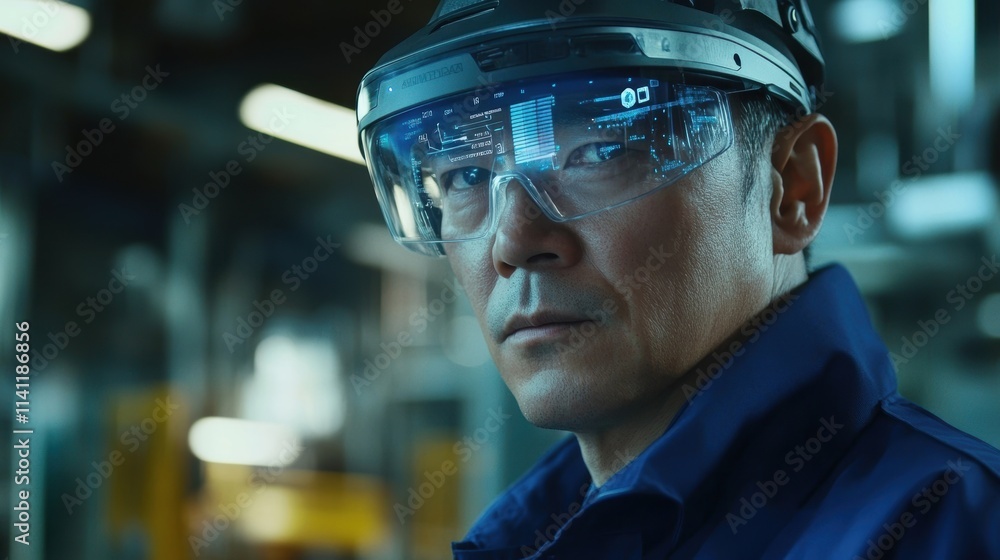 Poster detailed view of a production worker using augmented reality glasses that overlay critical data from